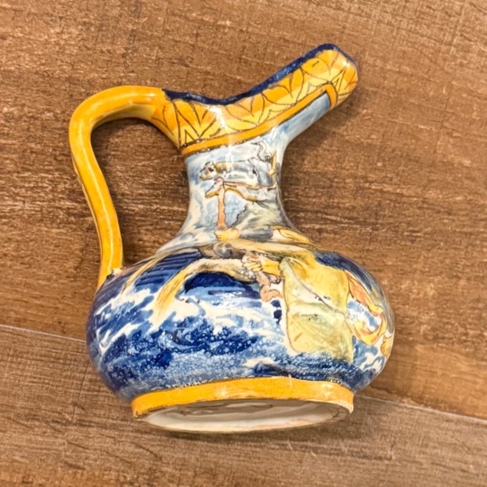 Vintage Spanish Majolica Pottery Pitcher Cherub Angel Hand Painted Signed 4.5"